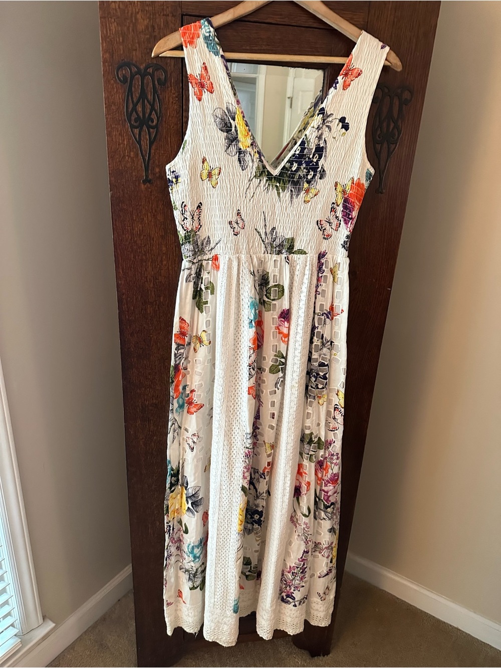 V Christina White Floral & Butterfly Smocked and Crocheted Maxi Dress Size Large